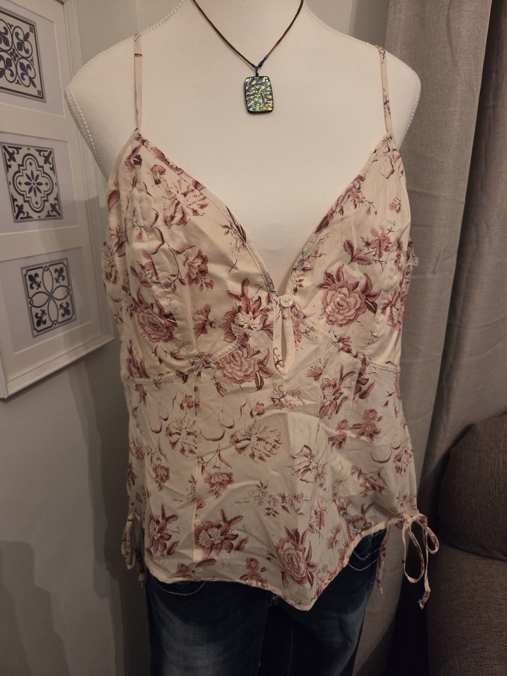NWT Abercrombie & Fitch Cream W/Red Victorian Floral Bra-Free Camisole
